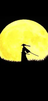 Samurai silhouette in front of a vibrant full yellow moon.