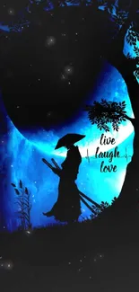 Samurai silhouette at night with a tree and moon, featuring 'live laugh love'. 