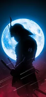 Samurai silhouetted against a bright blue moon.