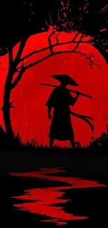 Silhouette of a samurai against a vivid red moon.