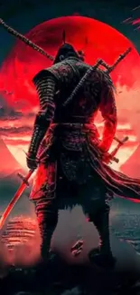 Samurai silhouette stands before a vivid red moon.