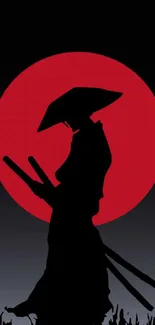 Samurai silhouette with red moon background, minimalist design.