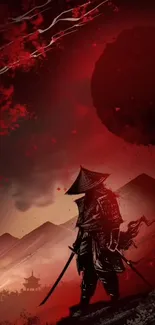 Silhouetted samurai against red sunset with Japanese landscape.