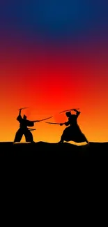 Samurai duel silhouette at sunset with vibrant orange and red gradient.