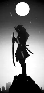 Samurai silhouette standing under a full moon in monochrome.