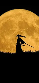 Samurai silhouette against golden full moon in a striking night scene.