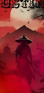 Silhouette of a samurai against a red, mystical landscape with mountains.