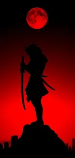 Silhouette of a samurai with a red moon background.