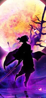 Samurai silhouette with a glowing full moon and vibrant purple hues.