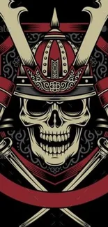 Samurai skull with crossed swords on dark background.