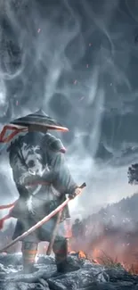 Samurai amidst smoke in a forest setting, artistic wallpaper.