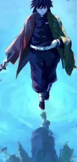 Samurai character walking on blue water with a mystical ambiance in anime style.