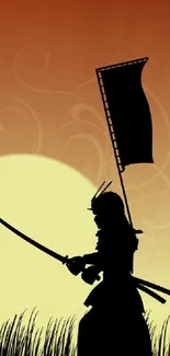 Samurai silhouette stands against a sunset with a flag.