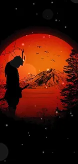 Samurai silhouette against a red sunset with mountains and forest.