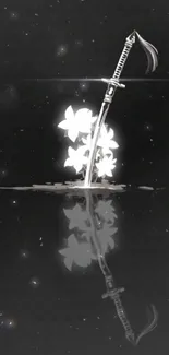 Samurai sword with white flowers on black background.