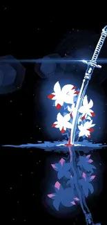 Samurai sword with flowers on a cosmic dark blue background.