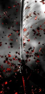 Samurai sword with falling red leaves on mobile wallpaper.