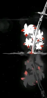 Samurai sword and red flowers in water reflection on a black background.