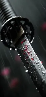 Samurai sword with raindrops in a dark setting.