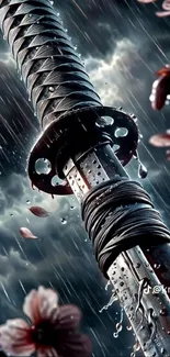 Samurai sword with cherry blossoms in the rain.