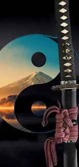 Samurai sword with yin-yang symbol and scenic background.