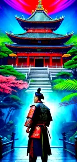 Samurai standing before a vibrant Japanese temple surrounded by lush nature.