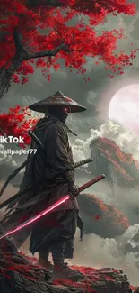 Samurai with red leaves under a glowing moon.