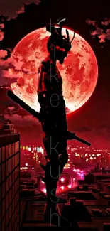 Samurai silhouette with a red moon in cityscape wallpaper.