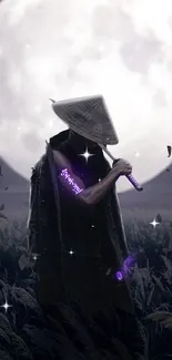 Samurai standing under a bright full moon with neon purple highlights.