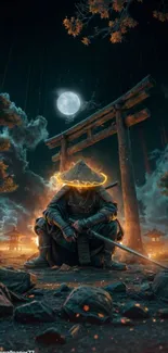 Samurai in the moonlight with sword under a full moon sky.