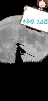 Samurai silhouette with full moon background and whimsical character holding sign.