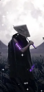 Samurai standing under a full moon with a glowing purple sword.