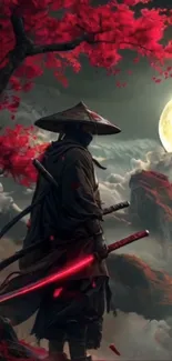 Samurai with red sword stands under a full moon with cherry blossom trees.