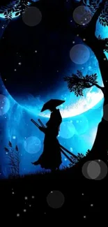 Silhouette of a samurai under a moonlit sky, with blue hues and starry ambiance.