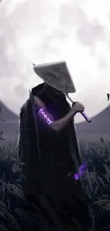 Mysterious samurai silhouette with a purple-glowing sword under full moonlight.