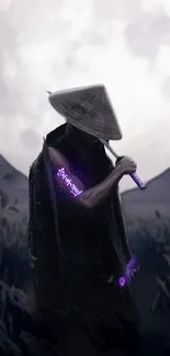 Lone samurai in the moonlit night with purple accents and ethereal ambiance.