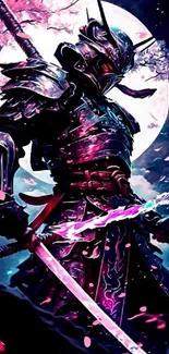 Samurai in armor under moonlight surrounded by cherry blossoms, fantasy art wallpaper.