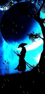 Silhouette of a samurai under a blue moonlit sky, standing by a tree.