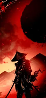 Samurai silhouette under a striking red moon with dark mountains.