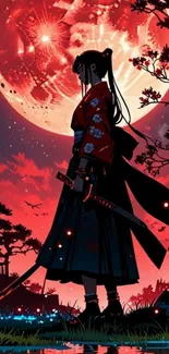 Silhouette of a samurai under a vivid red moon.