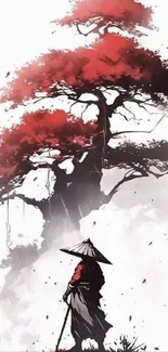 Samurai stands beneath a vivid red-leaved tree on a serene landscape.