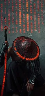 Samurai warrior with a red sword in abstract art style, dark background.