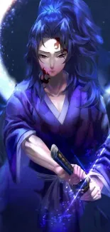 Anime samurai with glowing sword in blue hues, perfect for mobile wallpaper.