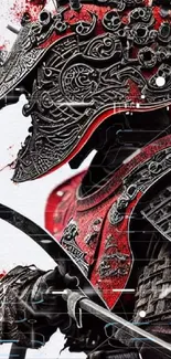 Intricate samurai warrior in red armor with detailed patterns on mobile wallpaper.