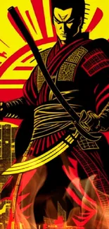 Japanese samurai warrior art in red and yellow on urban-styled background.