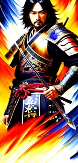 Samurai warrior art with vibrant flames and detailed armor in dynamic colors.