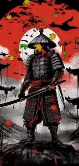 Samurai warrior stands against vibrant red background in mobile wallpaper.