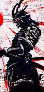 Samurai warrior art with vivid colors on a textured wall background.