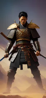 Samurai warrior in detailed armor with swords, standing in a misty landscape.