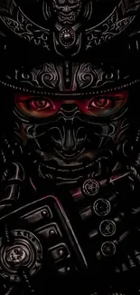 Dark samurai warrior with intricate details and red eyes.